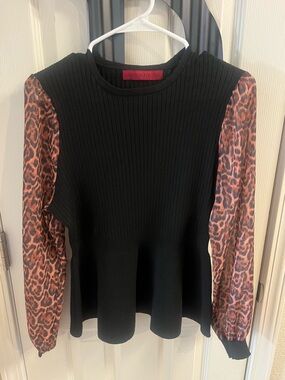 Scarlett Black Sweater with Brown Leopard Print Sleeves